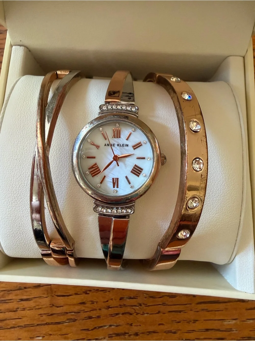 Anne Klein Rose Gold Tone Mother-of-Pearl Watch and Bangle Trio